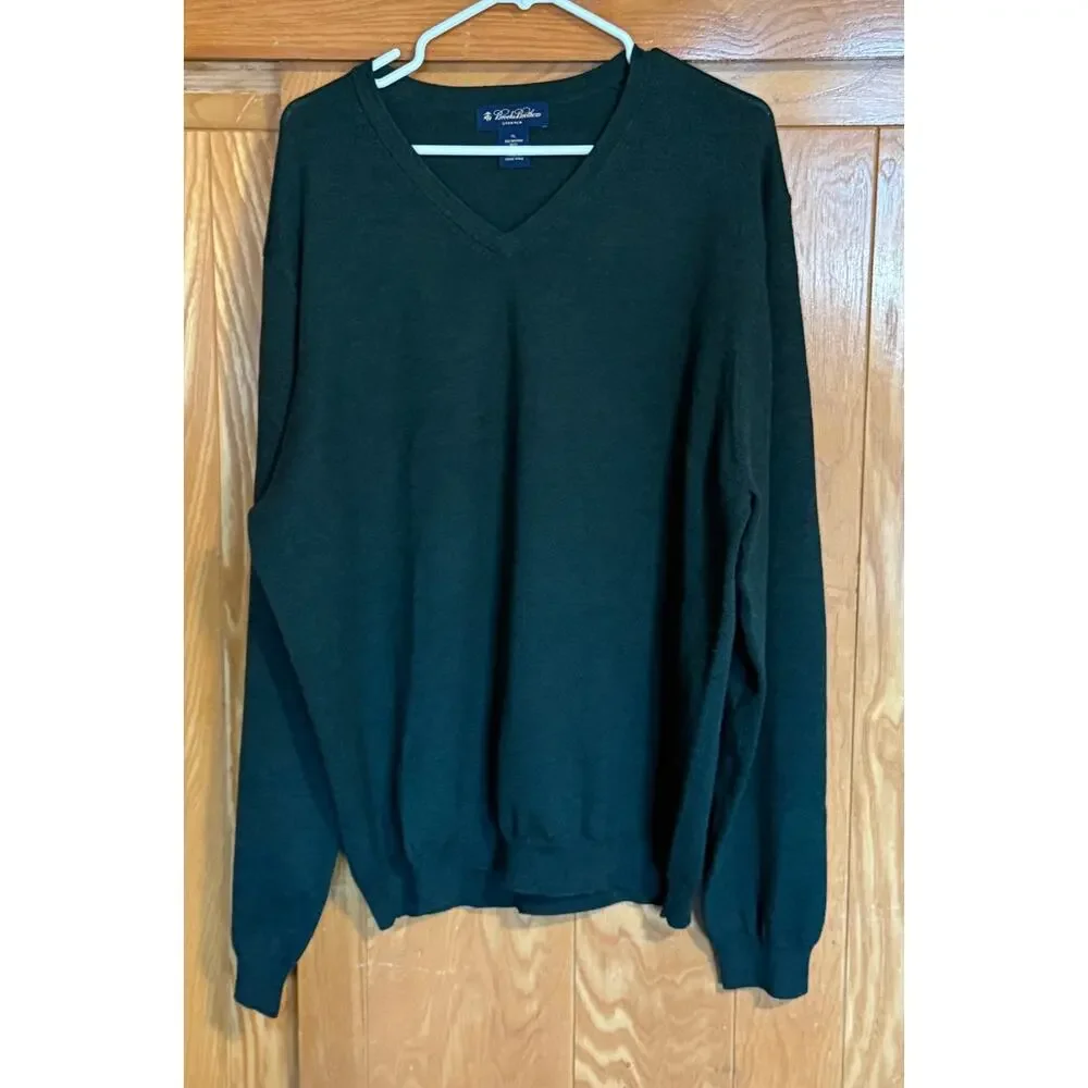 Vintage Brooks Brothers Dark Green Merino Wool V-Neck Sweater - XL